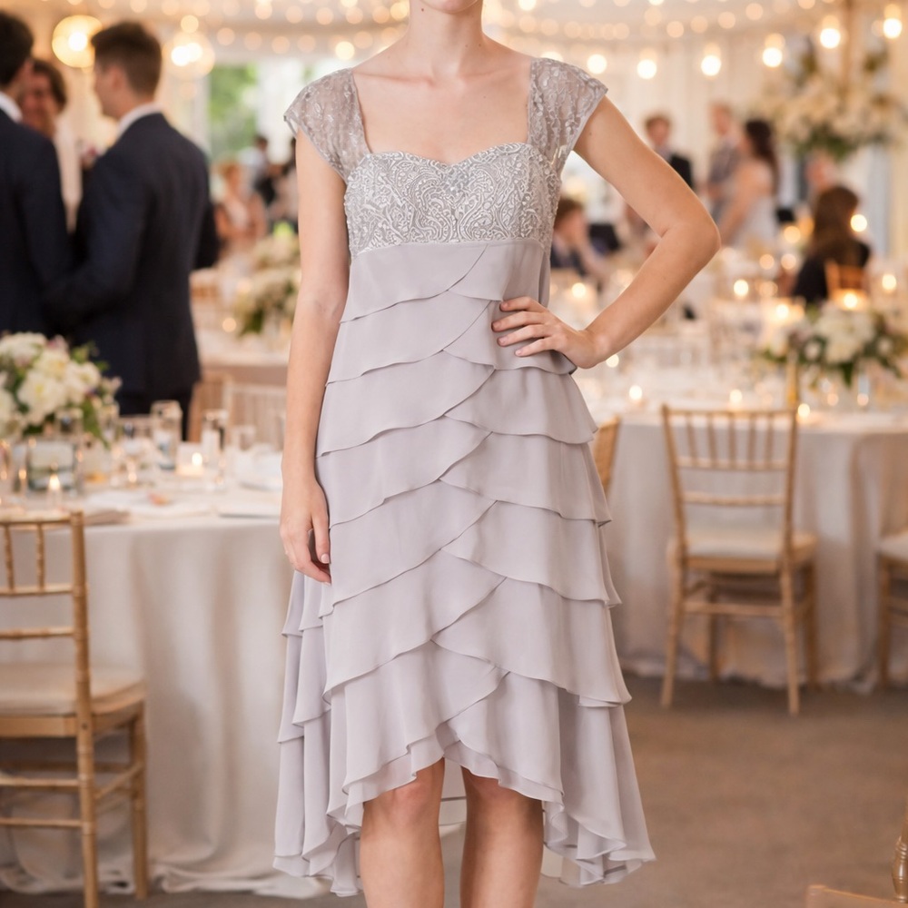 Sue Wong Silver Embellished Tiered Ruffle Dress  ~ NWT